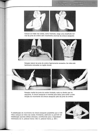 Colocar as mã~s nas costas, como ilustrado, exige uma amplitude nor-
mal da junta do ombro sem movimento anormal da cintura escapular.
Rotação lateral da junta do ombro ligeiramente excessiva. As mãos são
facilmente colocadas na região dorsal.
Rotação mediai da junta do ombro limitada, mais no direito que no
esquerdo. A cintura escapular é mantida para baixo para evitar a subs-
tituição do movimento da cintura escapular pelo da junta do ombro.
A substituição do movimento da cintura escapular possibilita que o indi-
víduo coloque as mãos nas costas. Entretanto, estimular ou permitir tal
substituição acarreta efeitos adversos, contribuindo para o hiperdesen-
volvimento do m. peitoral menor. (Ver m. peitoral menor, p. 307.)
 