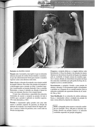 Paciente: em decúbito ventral.
Fixação: não é necessária, mas supõe-se que os músculos
adutores da junta do ombro foram testados e constatou-
se que são suficientemente fortes para manter o membro
superior como uma alavanca neste teste.
Teste: adução e elevação da escápula, com rotação mediai
do ângulo inferior. Para obter esta posição da escápula e
a alavancagem para a pressão no teste, o membro supe-
rior é posicionado na posição ilustrada. Com o cotovelo
flexionado, o úmero é aduzido em direção à lateral do
corpo em extensão discreta e leve rotação lateral.
O teste visa a determinar a capacidade dos músculos
rombóides de manter a escápula na posição de teste à
medida que a pressão é aplicada no membro superior.
(Ver teste alternado, p. 328.)
Pressão: o examinador aplica pressão com uma mão
contra o membro superior do paciente, na direção da
abdução da escápula e da rotação lateral do ângulo infe-
rior, e contra o ombro do paciente, com a outra mão na
direção da depressão.
Fraqueza: a escápula abduz-se e o ângulo inferior roda
lateralmente. A força da adução e da extensão do úmero
diminui em decorrência da perda da fixação da escápula
pelo m. rombóide. A função comum do membro supe-
rior é menos afetada em decorrência da perda da força
dos músculos rombóides que pela perda da força do m.
trapézio ou do m. serrátil anterior.
Encurtamento: a escápula é levada a uma posição de
adução e elevação. O encurtamento tende a acompanhar
a paralisia ou a fraqueza do m. serrátil anterior, pois os
músculos rombóides são oponentes diretos do m. serrá-
til. (Ver p. 336.)
Teste Modificado: Se os músculos do ombro estiverem
fracos, o ex~inador coloca a escápula em posição de
teste e tenta abduzi-la, deprimi-la e abaixá-la.
Nota: afotografia acima mostra os músculos rombói-
des em contração. (Ver p. 306 para_os músculos rom-
bóides direitos em posição neutra e os músculos
rombóides esquerdos em posição alongada.)
 