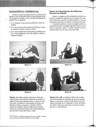DIAGNÓSTICO DIFERENCIAL
A flexão da junta do quadril pode ser realizada pela
flexão da coxa em direção à pelve ou pela inclinação ante-
rior da pelve em direção à coxa. Os músculos flexores do
quadril* são os seguintes:
1. O m. iliopsoas (uma junta) que flexiona a junta do
quadril.
2. O m. reto femoral (duas juntas) que flexiona a junta
do quadril e estende a junta do joelho.
3. O m. tensor da fáscia lata (duas juntas) que flexiona, ab-
duz e roda medialmente a junta do quadril e auxilia na
extensão do joelho.
Figura 1a
Figura 2a
Figuras 1a e 1b: posição inicial para testes de
comprimento dos músculos flexores do quadril. A
região lombar está apoiada sobre a mesa e é man-
tida assim mediante a manutenção do joelho em
direção ao tórax, enquanto o membro inferior
esquerdo é testado. Existe evidência de encurta-
mento dos músculos flexores do quadril esquerdo
pelo fato de a coxa não tocar a mesa.
* O rn. sartório é omitido aqui porque ele atua na flexão e rotação
externa da junta do quadril e flexiona a junta do joelho.
Testes de Comprimento dos Músculos
Flexores do Quadril
Abaixo e na página ao lado, fotografias mostram tes-
tes para o diagnóstico diferencial da contração dos mús-
culos flexores do quadril. O mesmo paciente e o mesmo
examinador aparecem em ambos os conjuntos de testes.
O paciente também é o mesmo da página anterior. A
coluna direita desta e da página seguinte mostra os resul-
tados do primeiro exame. A coluna esquerda inclui os
mesmos testes cerca de cinco anos mais tarde.
Figura 1b
Figura 2b
Figuras 2a e 2b: o membro inferior foi movido
para uma posição de abdução da junta do quadril.
Agora, a coxa toca a mesa, evidenciando que não
existe contração do m. iliopsoas. O grau de flexão
do joelho indica que não há ou há pouca contra-
ção do m. reto femoral.
'----------------------------~~------------------ ---
 