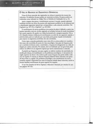 0 Uso DE QuADROS NO DIAGNÓSTICO DIFERENCIAL
Graus de força muscular são registrados na coluna à esquerda dos nomes dos
músculos. Os símbolos de grau podem ser numerais ou letras. Os graus podem ser
traduzidos como indicado no Código Paraos Símbolos deGraduação (ver p. 23).
Após o registro dos graus, o envolvimento nervoso é traçado, quando aplicável,
mediante círculos em tomo dos pontos sob suprimento periférico ou de números sob
a distribuição segmentar espinal que correspondem a cadà músculo envolvido. (Ver
Capítulo 6, p. 347-352, e Capítulo 7,p. 455-458.)
O envolvimento de nervos periféricos e/ou partes do plexo é definido a partir dos
pontos marcados co111 um círculo, seguindo-se as linhas verticais de niodo ascendente
até a parte superior do quadro ou a linha horizontal até a margem esquerda. (Ver p.
27.) Quando existem evidências de envolvimento no nível de um segmento espinal, o
nível da lesão pode ser indicadopor uma linha preta grossa traçada verticalmente
para separar os segmentos envolvidos dos não envolvidos.
Como regra, músculos graduados como ruins (8) ou acima podem ser considera-"
dos como não envolvidos do ponto de vista neurológico. Esse.grau de fraqueza pode
ser o resultado de fatores como a inatividade, a fraqueza de alongamento ou afalta de
fix<;1ção por outros músculos. No entanto, deve ser lembrado que um grau bom pode ·
indicar um déficit de um segmento espinal que inerva :rninllnamente o músculo.
É possível que fraquezas com grau regular ou inferior resultem da inatividade, da
atrofia pelo desuso, da imobilização ou de problemas nerirológicos. A má postura da
região superior do dorso e dos ombros pode causar fraqueza das partes Inédiae infe-
rior do trapézio. É comum se observar fraqueza bilateraldesses músculos com graus
de força baixo ou regular. Um problema neurológico com envolvimento do nervo
acessório espinal é improvável nos casos de fraqueza isolada desses músculos, exceto se
houver também envolvimento da parte superior do trapézio.
O uso dos Quadros de Nervos Espinais e Músculos é ilustrado por estudos de caso
nas páginas 347-352.
 