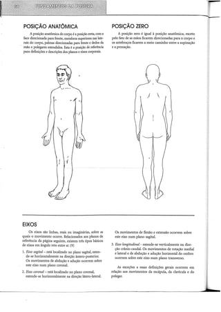 POSIÇÃO ANATÔMICA
A posição anatômica do corpo é a posição ereta, com a
face direcionada para frente, membros superiores nas late-
rais do corpo, palmas direcionadas para frente e dedos da
-- mão e polegares estendidos. Esta é a posição de referência
para definições e descrições dos planos e eixos corporais.

I
f ~,{
EIXOS
Os eixos são linhas, reais ou imaginárias, sobre as
quais o movimento ocorre. Relacionados aos planos de
referência da página seguinte, existem três tipos básicos
de eixos em ângulo reto entre si: (9)
1. Eixo sagital - está localizado no plano sagital, esten-
de-se horizontalmente na direção ântero-posterior.
Os movimentos de abdução e adução ocorrem sobre
este eixo num plano coronal.
2. Eixo coronal - está localizado no plano coronal,
estende-se horizontalmente na direção látero-lateral.
POSIÇÃO ZERO
A posição zero é igual à posição anatômica, exceto
pelo fato de as mãos ficarem direcionadas para o corpo e
os antebraços ficarem a meio caminho entre a supinação
e a pronação.
) 
Os movimentos de flexão e extensão ocorrem sobre
este eixo num plano sagital.
3. Eixo longitudinal - estende-se verticalmente na dire-
ção crânio-caudal. Os movimentos de rotação mediai
e lateral e de abdução e adução horizontàl do ombro
ocorrem sobre este eixo num plano transverso.
As exceções a essas definições gerais ocorrem em
relação aos movimentos da escápula, da clavícula e do
polegar.
 