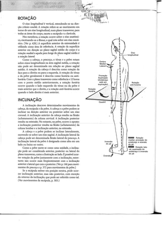 ROTAÇÃO
O eixo longitudinal é vertical, estendendo-se na dire-
ção crânio-caudal. A rotação refere-se ao movimento em
torno de um eixo longitudinal, num plano transverso, para
todas as áreas do corpo, exceto a escápula e a clavícula.
Nos membros, a rotação ocorre sobre o eixo anatômi-
co, excetuando-se o fêmur, o qual rota sobre um eixo mecâ-
nico. (Ver p. 428.) A superfície anterior da extremidade é
utilizada como área de referência. A rotação da superfície
anterior em direção ao plano sagital médio do corpo é a
rotação mediaie aquela para longe do plano sagital médio é
a rotação lateraL
Como a cabeça, o pescoço, o tórax e a pelve rotam
sobre eixos longitudinais na área sagital média, a rotação
não pode ser denominada em relação ao plano sagital
médio. A rotação da cabeça é descrita como rotação da
face para a direita ou para a esquerda. A rotação do tórax
e da pelve geralmente é descrita como horária ou anti-
horária. Com o plano transverso como referência e 12 horas
com o ponto médio anteriormente, a rotação horária
ocorre quando o lado esquerdo do tórax ou da pelve é
mais anterior que o direito, e a rotação anti-horária ocorre
quando o lado direito é mais anterior.
INCLINAÇÃO
A inclinação descreve determinados movimentos da
cabeça, da escápula e da pelve. A cabeça e a pelve podem se
inclinar na direção anterior ou posterior sobre um eixo
coronal. A inclinação anterior da cabeça resulta na flexão
(achatamento) da coluna cervical. A inclinação posterior
resulta na extensão. No entanto, na pelve, ocorre o 9IJ()Sto:
a inclinação posterior resulta na flexão (achatamento) da
coluna lombar e a inclinação anterior, na extensão.
A cabeça e a pelve podem se inclinar lateralmente,
movendo-se sobre um eixo sagital. A inclinação lateral da
cabeça pode ser denominada flexão lateral do pescoço. A
inclinação lateral da pelve é designada como alta em um
lado ou baixa no outro.
Como a pelve move-se como uma unidade, a inclina-
ção pode ser considerada anterior, posterior ou lateral do
plano transverso, como a ilustração ao lado. É possível ocor-
rer rotação da pelve juntamente com a inclinação, entre-
tanto isso ocorre mais freqüentemente com a inclinação
anterior elateral que com a posterior. (Ver p. 146 para movi-
mentos do pescoço e p. 372 para movimentos da pelve.)
Se a escápula estiver em posição neutra, pode ocor-
rer inclinação anterior, mas não posterior, com exceção
do retorno da inclinação, que pode ser referido como tal.
(Ver movimentos da escápula, p. 303.)
ft9~~~====~===========================~
:r-'"": ~-,
Ombro~·
Mediai
Lateral
Pronação
Supinação
(Antebraço
está em
supinação} _
Quadril
I
I

I
I
I
I
 I
lnver~~o1
1
dope
I
I
__ )I
Eversão
Eixo
longitudinal
llilllll!llll Rotação
mediai, pronação do
antebraço e eversão
do pé
11111111111 Rotação late-
ral, supinação do
antebraço e inversão
do pé
 