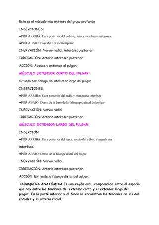 Este es el músculo más extenso del grupo profundo
INSERCIONES:
●POR ARRIBA: Cara posterior del cúbito, radio y membrana interósea.
●POR ABAJO: Base del 1er metacarpiano.
INERVACIÓN: Nervio radial, interóseo posterior.
IRRIGACIÓN: Arteria interósea posterior.
ACCIÓN: Abduce y extiende el pulgar.
MÚSCULO EXTENSOR CORTO DEL PULGAR:
Situado por debajo del abductor largo del pulgar.
INSERCIONES:
●POR ARRIBA: Cara posterior del radio y membrana interósea
●POR ABAJO: Dorso de la base de la falange proximal del pulgar.
INERVACIÓN: Nervio radial
IRRIGACIÓN: Arteria interósea posterior.
MÚSCULO EXTENSOR LARGO DEL PULGAR:
INSERCIÓN:
●POR ARRIBA: Cara posterior del tercio medio del cúbito y membrana
interósea.
●POR ABAJO: Dorso de la falange distal del pulgar.
INERVACIÓN: Nervio radial.
IRRIGACIÓN: Arteria interósea posterior.
ACCIÓN: Extiende la falange distal del pulgar.
TABAQUERA ANATÓMICA:Es una región oval, comprendida entre el espacio
que hay entre los tendones del extensor corto y el extensor largo del
pulgar. En la parte inferior y al fondo se encuentran los tendones de los dos
radiales y la arteria radial.
 