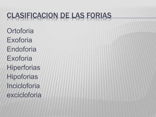 CLASIFICACION DE LAS FORIAS
Ortoforia
Exoforia
Endoforia
Exoforia
Hiperforias
Hipoforias
Incicloforia
excicloforia
 