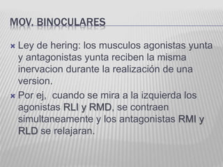 MOV. BINOCULARES
 Ley de hering: los musculos agonistas yunta
y antagonistas yunta reciben la misma
inervacion durante la realización de una
version.
 Por ej, cuando se mira a la izquierda los
agonistas RLI y RMD, se contraen
simultaneamente y los antagonistas RMI y
RLD se relajaran.
 