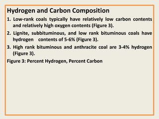 Hydrogen and Carbon Composition
1. Low-rank coals typically have relatively low carbon contents
and relatively high oxygen contents (Figure 3).
2. Lignite, subbituminous, and low rank bituminous coals have
hydrogen contents of 5-6% (Figure 3).
3. High rank bituminous and anthracite coal are 3-4% hydrogen
(Figure 3).
Figure 3: Percent Hydrogen, Percent Carbon
 