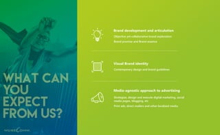 what can
you
expect
from us?
Brand development and articulation
Objective yet collaborative brand exploration
Brand promise and Brand essence
Media-agnostic approach to advertising
Strategize, design and execute digital marketing, social
media pages, blogging, etc
Print ads, direct mailers and other localized media.
Visual Brand identity
Contemporary design and brand guidelines
 