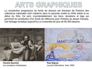 La constitution progressive du fonds de dessins est tributaire de l'histoire des
collections nationales d'art moderne dans la seconde moitié du XIXe siècle et au
début du XXe. Ce sont, incontestablement, les dons, donations et legs qui
permirent la constitution d'un fonds de référence pour l'histoire du dessin français.
Cet héritage constitue aujourd'hui un ensemble de plus de 80 000 dessins.
Honoré Daumier
Les amateurs d'estampes
Paul Signac.
Le pont d'Asnières. Vers 1900
 