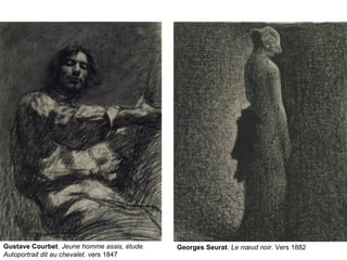 Georges Seurat. Le nœud noir. Vers 1882Gustave Courbet. Jeune homme assis, étude.
Autoportrait dit au chevalet. vers 1847
 