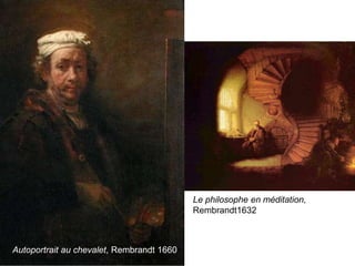 Le philosophe en méditation,
Rembrandt1632
Autoportrait au chevalet, Rembrandt 1660
 
