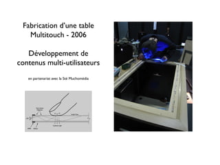 Fabrication d’une table
   Multitouch - 2006

   Développement de
contenus multi-utilisateurs
   en partenariat avec la Sté Muchomédia
 