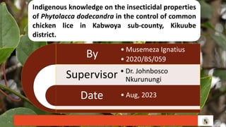 Indigenous knowledge on the insecticidal properties
of Phytolacca dodecandra in the control of common
chicken lice in Kabwoya sub-county, Kikuube
district.
By
Supervisor
Date
• Musemeza Ignatius
• 2020/BS/059
• Dr. Johnbosco
Nkurunungi
• Aug, 2023
 