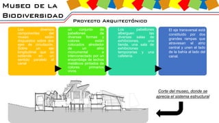 Museo de la
Biodiversidad
Proyecto Arquitectónico
Los diversos
componentes del
museo están
dispuestos sobre dos
ejes de circulación.
Sobre un eje
longitudinal que se
extiende en un
sentido paralelo al
canal
un conjunto de
pabellones de
diversas formas y
colores están
colocados alrededor
de un atrio
monumental e
interconectado por un
ensamblaje de techos
metálicos pintados de
colores primarios
vivos.
Los pabellones
alberguen las
diversas salas de
exhibiciones, una
tienda, una sala de
exhibiciones
temporarias y una
cafetería.
El eje transversal está
constituido por dos
grandes rampas que
atraviesan el atrio
central y unen el lado
de la bahía al lado del
canal.
Corte del museo, donde se
aprecia el sistema estructural
 