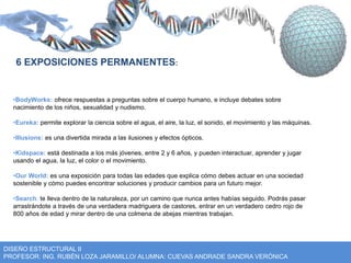 6 EXPOSICIONES PERMANENTES: 
•BodyWorks: ofrece respuestas a preguntas sobre el cuerpo humano, e incluye debates sobre 
nacimiento de los niños, sexualidad y nudismo. 
•Eureka: permite explorar la ciencia sobre el agua, el aire, la luz, el sonido, el movimiento y las máquinas. 
•Illusions: es una divertida mirada a las ilusiones y efectos ópticos. 
•Kidspace: está destinada a los más jóvenes, entre 2 y 6 años, y pueden interactuar, aprender y jugar 
usando el agua, la luz, el color o el movimiento. 
•Our World: es una exposición para todas las edades que explica cómo debes actuar en una sociedad 
sostenible y cómo puedes encontrar soluciones y producir cambios para un futuro mejor. 
•Search: te lleva dentro de la naturaleza, por un camino que nunca antes habías seguido. Podrás pasar 
arrastrándote a través de una verdadera madriguera de castores, entrar en un verdadero cedro rojo de 
800 años de edad y mirar dentro de una colmena de abejas mientras trabajan. 
DISEÑO ESTRUCTURAL II 
PROFESOR: ING. RUBÉN LOZA JARAMILLO/ ALUMNA: CUEVAS ANDRADE SANDRA VERÓNICA 
 