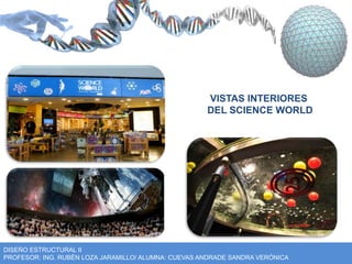 VISTAS INTERIORES 
DEL SCIENCE WORLD 
DISEÑO ESTRUCTURAL II 
PROFESOR: ING. RUBÉN LOZA JARAMILLO/ ALUMNA: CUEVAS ANDRADE SANDRA VERÓNICA 
 