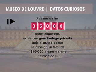 MUSEO DE LOUVRE | DATOS CURIOSOS
obras expuestas,
existe una gran bodega privada
bajo el museo donde
se alberga un total de
380.000 piezas de arte
“escondidas”.
Además de las
1
 