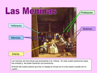 Profesores




Velázquez
                                                                                   Bufones


Meninas




 Infanta

Las meninas son las chicas que acompañan a la Infanta. En este cuadro parece los reyes
han entrado y les están haciendo una reverencia .
Al fondo del cuadro parece que hay un espejo en el que se ve a los reyes o puede ser un
cuadro .
 
