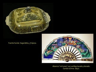 Fuente honda. Sagardelos, 3ª época. Abanico "mil caras" con varillaje lacado y dorado. Cantón (China. 1850). 