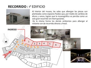 Al interior del museo, las salas que albergan las piezas son
planteadas como espacios fluidos que, por medio de cambios de
altura y vanos, logran que la museográfica se perciba como un
solo gran recorrido sin interrupciones.
De la misma forma los demás ambientes para albergar al
visitante son de recorrido directo y lineal.
RECORRIDO : 1º EDIFICIO
INGRESO
1
2 4
653
 