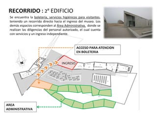 RECORRIDO : 2º EDIFICIO
ACCESO PARA ATENCION
EN BOLETERIA
AREA
ADMINISTRATIVA
INGRESO
Se encuentra la boletería, servicios higiénicos para visitantes,
teniendo un recorrido directo hacia el ingreso del museo. Los
demás espacios corresponden al Área Administrativa, donde se
realizan las diligencias del personal autorizado, el cual cuenta
con servicios y un ingreso independiente.
 