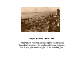 Exposição de Julho/1922 Arsenal em reforma para abrigar o Palácio das Grandes Indústrias. Ao fundo o aterro da praia de Sta. Luzia, para construção da Av. das Nações 
