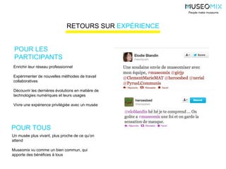 Enrichir leur réseau professionnel
Expérimenter de nouvelles méthodes de travail
collaboratives
Découvrir les dernières évolutions en matière de
technologies numériques et leurs usages
Vivre une expérience privilégiée avec un musée
People make museums
RETOURS SUR EXPÉRIENCE
POUR LES
PARTICIPANTS
Un musée plus vivant, plus proche de ce qu’on
attend
Museomix vu comme un bien commun, qui
apporte des bénéfices à tous
POUR TOUS
 