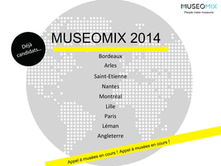 MUSEOMIX 2014
People make museums
Paris
Nantes
Léman
Montréal
Saint-Etienne
Angleterre
Arles
Bordeaux
Lille
 