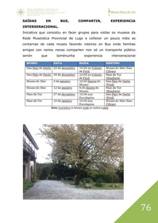 Museo Pazo de Tor
76
SAÍDAS EN BUS, COMPARTIR, EXPERIENCIA
INTERXERACIONAL.
Iniciativa que consistiu en facer grupos para visitar os museos da
Rede Museística Provincial de Lugo e coñecer un pouco máis as
contarnas de cada museo facendo roteiros en Bus onde familias
amigos con nenos nenas comparten non só un transporte público
senón que taménunha experiencia interxeracional
 