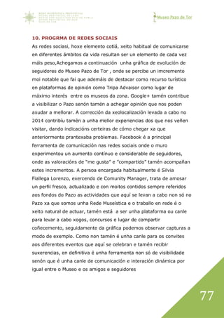 Museo Pazo de Tor
77
10. PROGRMA DE REDES SOCIAIS
As redes sociasi, hoxe elemento cotiá, xeito habitual de comunicarse
en diferentes ámbitos da vida resultan ser un elemento de cada vez
máis peso,Achegamos a continuación unha gráfica de evolución de
seguidores do Museo Pazo de Tor , onde se percibe un imcremento
moi notable que fai que ademáis de destacar como recurso turístico
en plataformas de opinión como Tripa Advaisor como lugar de
máximo interés entre os museos da zona. Google+ tamén contribue
a visibilizar o Pazo senón tamén a achegar opinión que nos poden
axudar a mellorar. A corrección da xeolocalización levada a cabo no
2014 contribíu tamén a unha mellor experiencias dos que nos veñen
visitar, dando indicacións certeiras de cómo chegar xa que
anteriormente prantexaba problemas. Facebook é a principal
ferramenta de comunicación nas redes sociais onde o muro
experimentou un aumento contínuo e considerable de seguidores,
onde as valoracións de “me gusta” e ”compartido” tamén acompañan
estes incrementos. A persoa encargada habitualmente é Silvia
Fiallega Lorenzo, exercendo de Comunity Manager, trata de amosar
un perfil fresco, actualizado e con moitos contidos sempre referidos
aos fondos do Pazo as actividades que aquí se levan a cabo non só no
Pazo xa que somos unha Rede Museística e o traballo en rede é o
xeito natural de actuar, tamén está a ser unha plataforma ou canle
para levar a cabo xogos, concursos e lugar de compartir
coñecemento, seguidamente da gráfica podemos observar capturas a
modo de exemplo. Como non tamén é unha canle para os convites
aos diferentes eventos que aquí se celebran e tamén recibir
suxerencias, en definitiva é unha ferramenta non só de visibilidade
senón que é unha canle de comunicación e interación dinámica por
igual entre o Museo e os amigos e seguidores
 