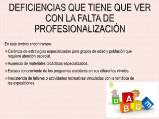 En este ámbito encontramos:
Carencia de estrategias especializadas para grupos de edad y población que

requiere atención especial.

Ausencia de materiales didácticos especializados.
Escaso conocimiento de los programas escolares en sus diferentes niveles.
Inexistencia de talleres o actividades recreativas vinculadas con la temática de

las exposiciones.

 