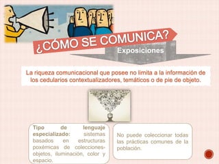 Exposiciones
La riqueza comunicacional que posee no limita a la información de
los cedularios contextualizadores, temáticos o de pie de objeto.

Tipo
de
lenguaje
especializado:
sistemas
basados
en
estructuras
poxémicas de coleccionesobjetos, iluminación, color y
espacio.

No puede coleccionar todas
las prácticas comunes de la
población.

 