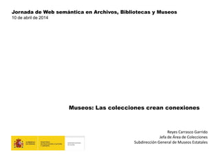 Reyes Carrasco Garrido
Jefa de Área de Colecciones
Subdirección General de Museos Estatales
Museos: Las colecciones crean conexiones
Jornada de Web semántica en Archivos, Bibliotecas y Museos
10 de abril de 2014
 