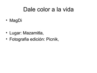 Dale color a la vida MagDi Lugar: Mazamitla,  Fotografia edición: Picnik,  
