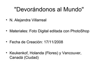 "Devorándonos al Mundo" N. Alejandra Villarreal  Materiales: Foto Digital editada con PhotoShop  Fecha de Creación: 17/11/2008  Keukenkof, Holanda (Flores) y Vancouver, Canadá (Ciudad)  