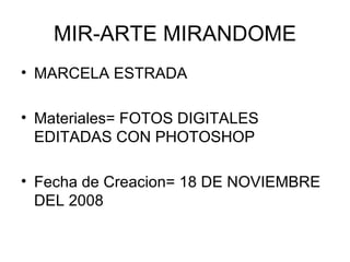 MIR-ARTE MIRANDOME MARCELA ESTRADA  Materiales= FOTOS DIGITALES EDITADAS CON PHOTOSHOP  Fecha de Creacion= 18 DE NOVIEMBRE DEL 2008  