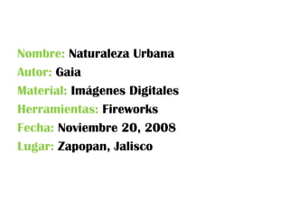 Nombre:  Naturaleza Urbana Autor:  Gaia Material:  Imágenes Digitales Herramientas:  Fireworks Fecha:  Noviembre 20, 2008 Lugar:  Zapopan, Jalisco 