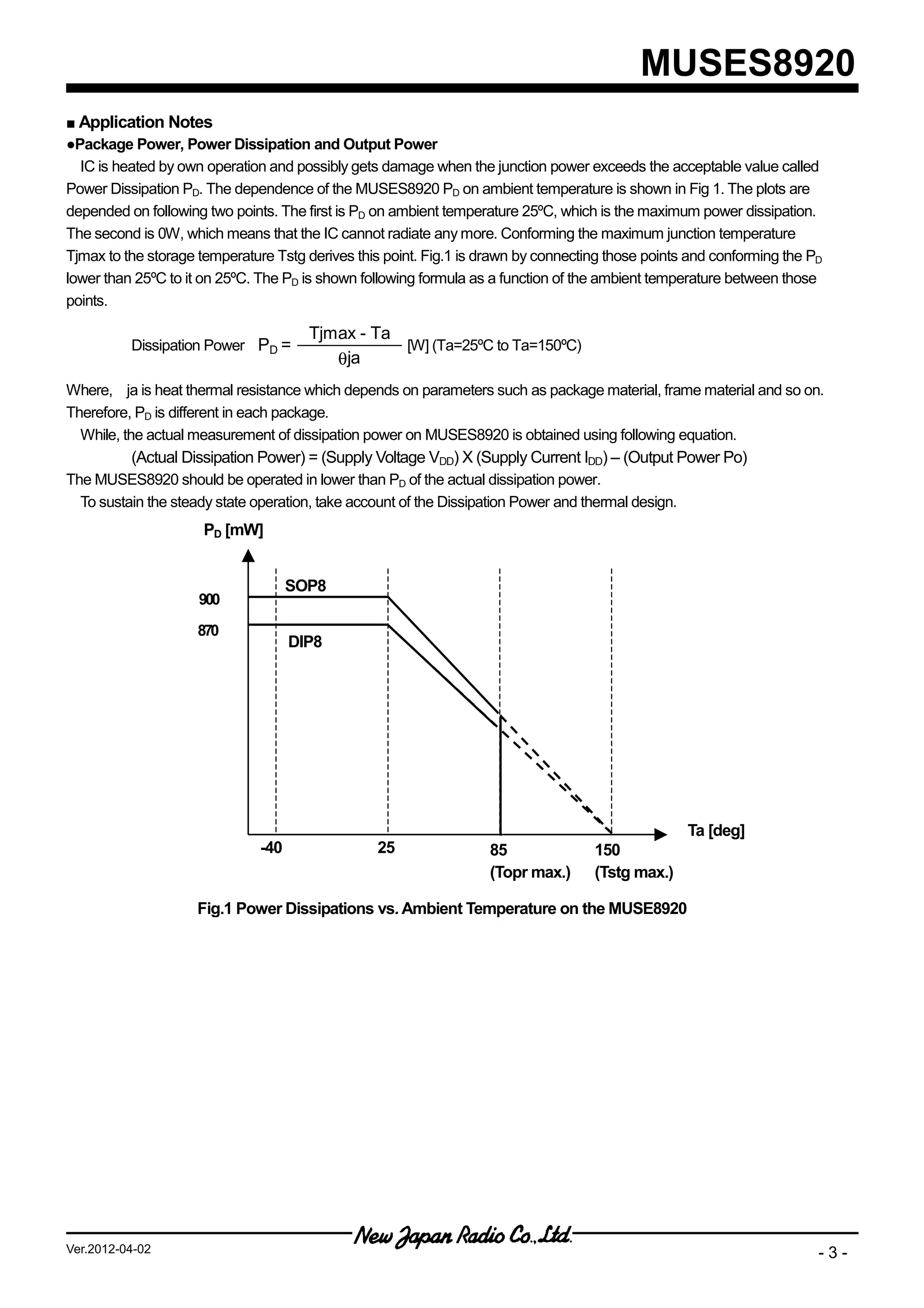 MUSES8920
■ Application Notes
●Package Power, Power Dissipation and Output Power
  IC is heated by own operation and possibly gets damage when the junction power exceeds the acceptable value called
Power Dissipation PD. The dependence of the MUSES8920 PD on ambient temperature is shown in Fig 1. The plots are
depended on following two points. The first is PD on ambient temperature 25ºC, which is the maximum power dissipation.
The second is 0W, which means that the IC cannot radiate any more. Conforming the maximum junction temperature
Tjmax to the storage temperature Tstg derives this point. Fig.1 is drawn by connecting those points and conforming the PD
lower than 25ºC to it on 25ºC. The PD is shown following formula as a function of the ambient temperature between those
points.

                                       Tjmax - Ta
          Dissipation Power PD =                  [W] (Ta=25ºC to Ta=150ºC)
                                          θja
Where, ja is heat thermal resistance which depends on parameters such as package material, frame material and so on.
Therefore, PD is different in each package.
  While, the actual measurement of dissipation power on MUSES8920 is obtained using following equation.
          (Actual Dissipation Power) = (Supply Voltage VDD) X (Supply Current IDD) – (Output Power Po)
The MUSES8920 should be operated in lower than PD of the actual dissipation power.
  To sustain the steady state operation, take account of the Dissipation Power and thermal design.
                      PD [mW]


                                     SOP8
                     900

                     870
                                     DIP8




                                                                                                     Ta [deg]
                               -40               25                85               150
                                                                   (Topr max.)      (Tstg max.)

                     Fig.1 Power Dissipations vs. Ambient Temperature on the MUSE8920




Ver.2012-04-02                                                                                                          -3-
 