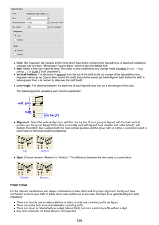 Font: The dropdown list contains all the fonts which have been configured for figured bass. A standard installation
contains only one font, "MuseScore Figured Bass," which is also the default font.
Size: Select a font-size in points.Note: This value is also modified by any change made toScaling (Format → Page
Settings…), or Scale ("Staff properties").
Vertical Position: The distance (in spaces) from the top of the staff to the top margin of the figured bass text.
Negative values go up (figured bass above the staff) and positive values go down (figured bass below the staff: a
value greater than 4 is needed to step over the staff itself).
Line Height: The distance between the base line of each figured bass line, as a percentage of font size.
The following picture visualizes each numeric parameter:
Alignment: Select the vertical alignment: withTop, the top line of each group is aligned with the main vertical
position and the group 'hangs' from it (this is normally used with figured bass notation and is the default); with
Bottom, the bottom line is aligned with the main vertical position and the group 'sits' on it (this is sometimes used in
some kinds of harmonic analysis notations):
Style: Choose between "Modern" or "Historic." The difference between the two styles is shown below:
Proper syntax
For the relevant substitutions and shape combinations to take effect and for proper alignment, the figured bass
mechanism expects input texts to follow some rules (which are in any case, the rules for a syntactical figured bass
indication):
There can be only one accidental (before or after), or only one combining suffix per figure;
There cannot be both an accidental and a combining suffix;
There can be an accidental without a digit (altered third), but not a combining suffix without a digit.
Any other character not listed above is not expected.
188
 