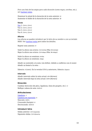 Para una lista de los atajos para cada duración (como negra, corchea, etc.),
ver ingresar notas.

Disminuir la mitad de la duración de la nota anterior: Q
Aumentar el doble de la duración de la nota anterior: W

Voces
Voz   1:   Ctrl+I, Ctrl+1
Voz   2:   Ctrl+I, Ctrl+2
Voz   3:   Ctrl+I, Ctrl+3
Voz   4:   Ctrl+I, Ctrl+4


Alturas
Las alturas se pueden introducir por la letra de su nombre o con un teclado
MIDI. Ver ingresar notas para todos los detalles.

Repetir nota anterior: R

Subir la altura una octava: Ctrl+Arriba (Mac ⌘+Arriba)
Bajar la altura una octava: Ctrl+Abajo (Mac ⌘+Abajo)

Subir la altura un semitono: Arriba
Bajar la altura un semitono: Abajo

Añadir un sostenido a la nota: (sin definir, debido a conflictos con el zoom)
Añadir un bemol a la nota: -

Silencio: 0 (cero). En la versión 0.9.6 y anteriores, Silencio: Espacio

Intervalo
Añadir intervalo sobre la nota actual: Alt+[Número]
Añadir intervalo bajo la nota actual: Shift+[Número]

Dirección
Cambiar dirección (de plica, ligaduras, línea de grupeto, etc.): X
Reflejar cabeza de nota: Shift+X

Articulaciones
Ligadura: +
Ligadura de expresión: S
Staccato: Shift+.
Crescendo (hairpin): H
Decrescendo: Shift+H

Introducir letra
Sílaba anterior: Ctrl+Izquierda
Siguiente sílaba: Ctrl+Derecha




                                                                                63
 