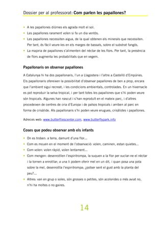 Dossier per al professorat: Com parlen les papallones?
14
• A les papallones diürnes els agrada molt el sol.
• Les papallones rarament volen si fa un dia ventós.
• Les papallones necessiten aigua, de la qual obtenen els minerals que necessiten.
Per tant, és fàcil veure-les en els marges de bassals, sobre el substrat fangós.
• La majoria de papallones s’alimenten del nèctar de les flors. Per tant, la presència
de flors augmenta les probabilitats que en vegem.
Papallonaris on observar papallones
A Catalunya hi ha dos papallonaris, l’un a Llagostera i l’altre a Castelló d’Empúries.
Els papallonaris ofereixen la possibilitat d’observar papallones de ben a prop, encara
que l’ambient sigui recreat, i les condicions ambientals, controlades. En un hivernacle
es pot reproduir la selva tropical, i per tant totes les papallones que s’hi poden veure
són tropicals. Algunes han nascut i s’han reproduït en el mateix parc, i d’altres
procedeixen de centres de cria d’Europa i de països tropicals i arriben al parc en
forma de crisàlide. Als papallonaris s’hi poden veure erugues, crisàlides i papallones.
Adreces web: www.butterfliescenter.com, www.butterflypark.info
Coses que podeu observar amb els infants
• On es troben: a terra, damunt d’una flor...
• Com es mouen en el moment de l’observació: volen, caminen, estan quietes...
• Com volen: volen ràpid, volen lentament...
• Com mengen: desenrotllen l’espiritrompa, la suquen a la flor per xuclar-ne el nèctar
i la tornen a enrotllar; a una li podem oferir mel en un dit, i quan posa una pota
sobre la mel, desenrotlla l’espiritrompa; ¿potser sent el gust amb la planta del
peu?...
• Altres: van en grup o soles, són grosses o petites, són acolorides o més aviat no,
n’hi ha moltes o no gaires.
 