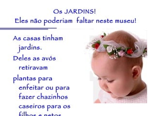 Os JARDINS!  Eles não poderiam  faltar neste museu! As casas tinham jardins.  Deles as avós retiravam  plantas para enfeitar ou para fazer chazinhos  caseiros para os filhos e netos.  