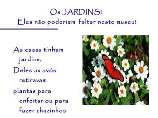 Os JARDINS!  Eles não poderiam  faltar neste museu! As casas tinham jardins.  Deles as avós retiravam  plantas para enfeitar ou para fazer chazinhos  caseiros para os filhos e netos.  