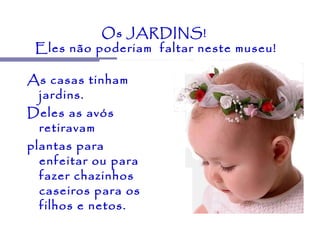 Os JARDINS!
 Eles não poderiam faltar neste museu!

As casas tinham
  jardins.
Deles as avós
  retiravam
plantas para
  enfeitar ou para
  fazer chazinhos
  caseiros para os
  filhos e netos.
 