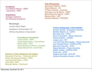 Vida (População)
     Curadores                                     Alexandre Kalache - WHO
     Luiz Alberto Oliveira - CBPF                  Eliana Beluzzo - US
     Leonel Kaz - FRM                              P Eliane Canedo - urbanista
                                                   Henrique Lins de Barros - CBPF
     Arquitetura                                   Maria Alice dos Santos - UERJ
     Santiago Calatrava                            Mayana Zatz - USP
     Rui Rezende Arquitetura                       Ricardo Waizbort - FIOCRUZ


          Museologia
          Andres Clerici Ralph
                                                            Cultura (Integração e Diversidade)
          Appelbaum & Associates, NY                        Andrew Hessel - Singularity University
          Artifício Arquitetura e Exposicões                Benilton Bezerra Jr. - UERJ
                                                            Bernardo Sorj – UFRJ
                                                            Bruna Franchetto – Museu Nacional
                    Consultores do Amanhã                   Fátima Portilho – UFRRJ
                    Carlos Nobre - INPE                     Jorge Lopes - INT
                    Jorge Wagensberg - CosmoCaixa           Luiz Fernando Dias Duarte – Museu Nacional
                    Michio Kaku - NYU                       Luiz Pinguelli Rosa - COPPE-UFRJ
                    Paulo Mendes da Rocha, arquiteto        Maurício Lissovsky - UFRJ
                    Sergio Besserman, economista            Miguel Nicolelis – Duke University
                                                            Neilton Fidelis - COPPE-UFRJ
                                                            Paulo Vaz - UFRJ
     Cosmos e Clima (Sistemas Terrestres)                   Rogério da Costa - PUC-SP
     Alexandre Cherman – Planetario do Rio                  Suzana Herculano-Houzel - UFRJ
     Gilvan Sampaio de Oliveira - INPE
     José Augusto Pádua - UFRJ
     Julia Reid - INPE
     Marcelo Gleiser - Dartmouth


Wednesday, November 30, 2011
 