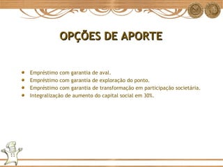 Empréstimo com garantia de aval. Empréstimo com garantia de exploração do ponto. Empréstimo com garantia de transformação em participação societária.  Integralização de aumento do capital social em 30%. OPÇÕES DE APORTE 