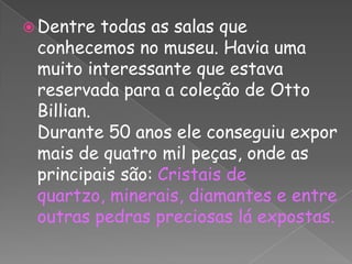 Dentre todas as salas que conhecemos no museu. Havia uma muito interessante que estava reservada para a coleção de Otto Billian.Durante 50 anos ele conseguiu expor mais de quatro mil peças, onde as principais são: Cristais de quartzo, minerais, diamantes e entre outras pedras preciosas lá expostas.