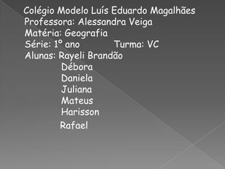    Colégio Modelo Luís Eduardo MagalhãesProfessora: Alessandra VeigaMatéria: GeografiaSérie: 1º ano            Turma: VCAlunas: Rayeli Brandão             Débora             Daniela             Juliana             Mateus             Harisson                Rafael