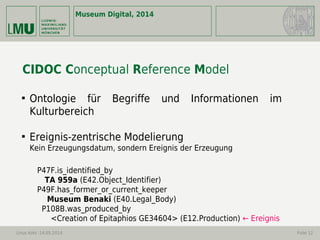 Museum Digital, 2014
Linus Kohl -14.05.2014 Folie 12
CIDOC Conceptual Reference Model

Ontologie für Begriffe und Informationen im
Kulturbereich

Ereignis-zentrische Modelierung
Kein Erzeugungsdatum, sondern Ereignis der Erzeugung
P47F.is_identified_by
TA 959a (E42.Object_Identifier)
P49F.has_former_or_current_keeper
Museum Benaki (E40.Legal_Body)
P108B.was_produced_by
<Creation of Epitaphios GE34604> (E12.Production) ← Ereignis
 