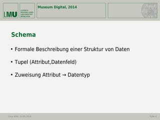Museum Digital, 2014
Linus Kohl -14.05.2014 Folie 4
Schema

Formale Beschreibung einer Struktur von Daten

Tupel (Attribut,Datenfeld)

Zuweisung Attribut → Datentyp
 