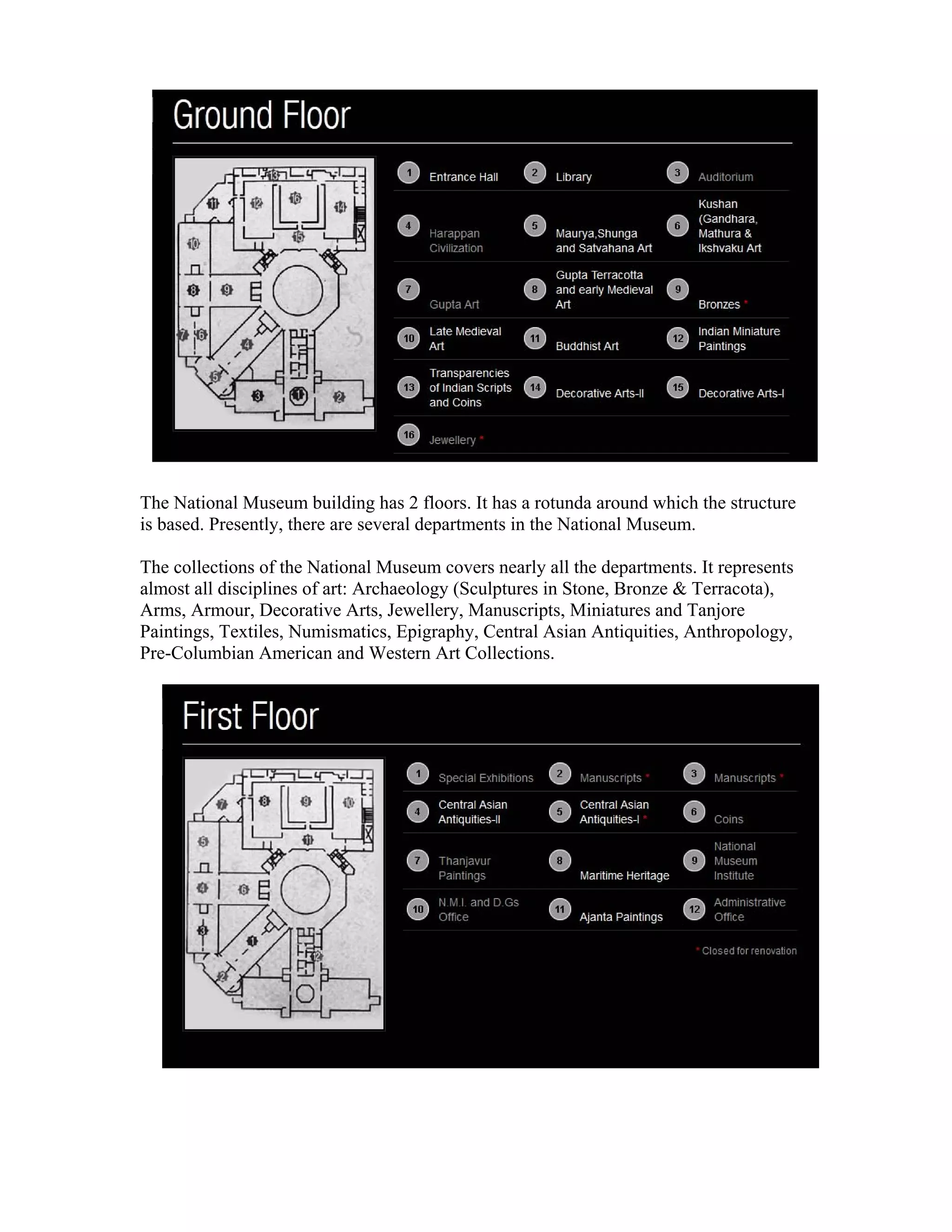 The National Museum building has 2 floors. It has a rotunda around which the structure 
is based. Presently, there are several departments in the National Museum. 
The collections of the National Museum covers nearly all the departments. It represents 
almost all disciplines of art: Archaeology (Sculptures in Stone, Bronze & Terracota), 
Arms, Armour, Decorative Arts, Jewellery, Manuscripts, Miniatures and Tanjore 
Paintings, Textiles, Numismatics, Epigraphy, Central Asian Antiquities, Anthropology, 
Pre-Columbian American and Western Art Collections. 
 